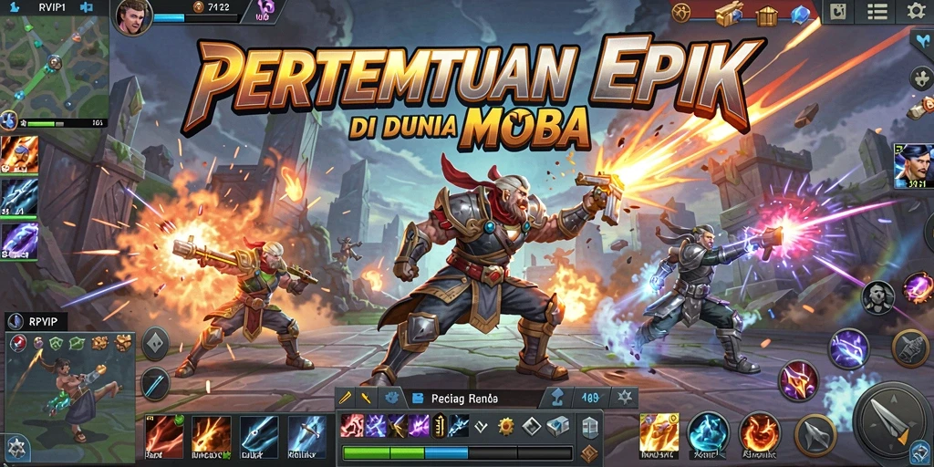 Screenshot RPVIP1 menampilkan aksi pertempuran seru dalam permainan MOBA.